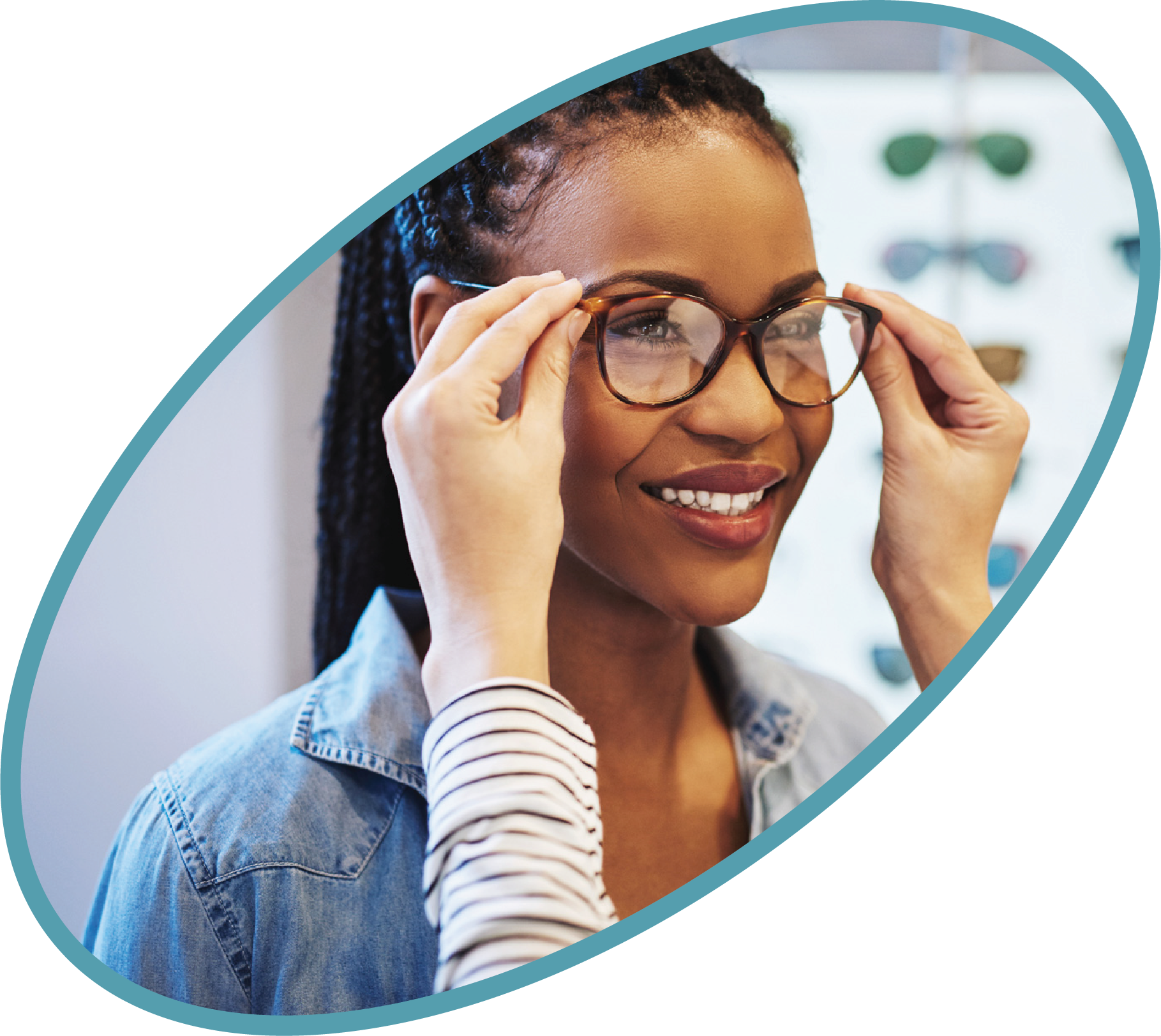 Black woman trying on glasses